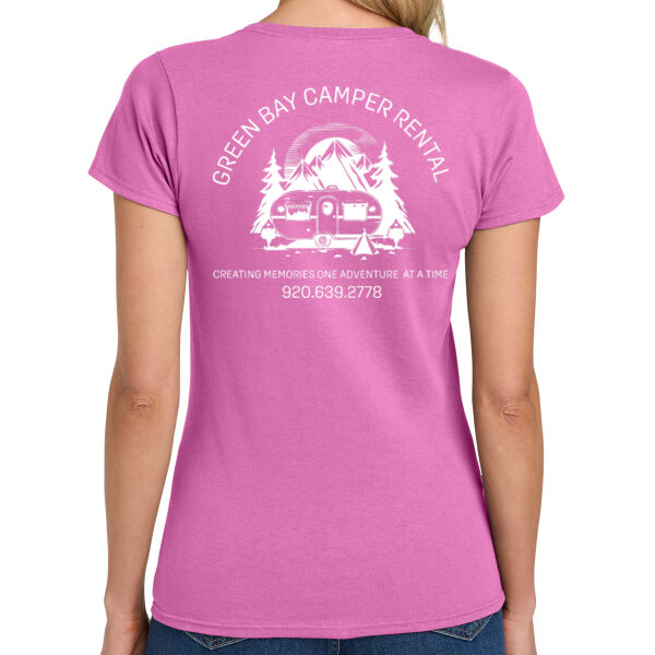 Green Bay Camper Rental Ladies T-Shirt with White Print FRONT AND BACK Thumbnail